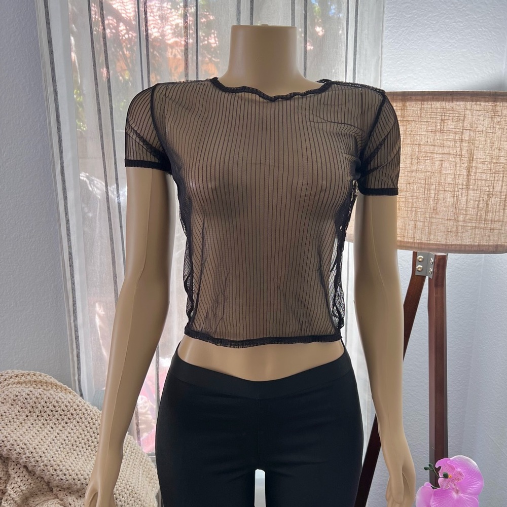 Black Mesh Crop Top Sheer Short Sleeve Tank Top Size S Small